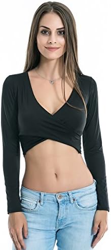 Oufeisha Womens Short Sexy Deep V Neck Bandage Crop Tops Long Sleeve