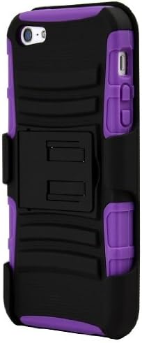 Cell Xcessories Rugged Tough Layered Purple / Black Hybrid Hard Beltclip Holster Case For Apple iPhone 5 5S 5G 6th Gen + 2 CellJoy HD Clear Screen Protector Guards [CellJoy Retail Packaging]