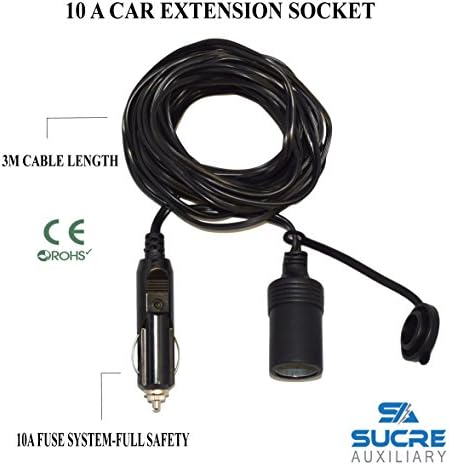 Sucre Auxiliary 12-24V 10A Heavy Duty Power Motorcycle Car Cigarette Lighter Socket Plug Extension 3M Cable