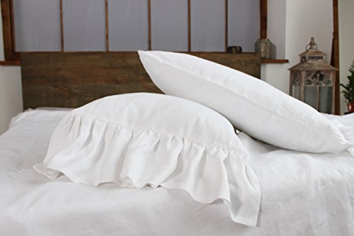 King linen pillow sham with mermaid long ruffle, 20 X 36", white color, 100% linen