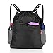 Yookeehome Drawstring Backpack with waterproof Wet Stuff Compartment Water Bottle Pockets (Black) Practical Gift Idea
