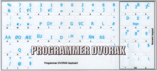 PROGRAMMER DVORAK KEYBOARD STICKER WITH BLUE LETTERING ON TRANSPARENT BACKGROUND FOR DESKTOP, LAPTOP AND NOTEBOOK