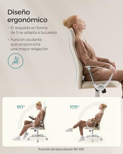 SONGMICS Silla de Oficina Ergonómica, Altura Ajustable, 120 kg | Asiento Giratorio Acolchado y Reclinable, Beige Capuchino, OBN034K01