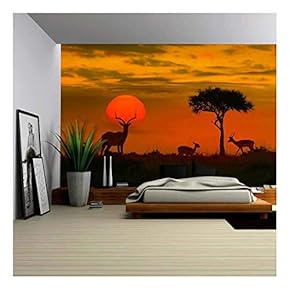 African Sunset with Silhouette Animals Wall Decor
