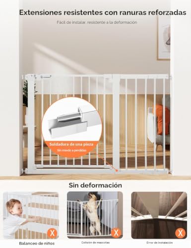 COMOMY 75-117cm Child Safety Barrier Stairs, Gate for Dogs Babies Automatic Closing with Red/Green Sign, Extra Wide Child Safety Fence Without Holes (76cm H, White)