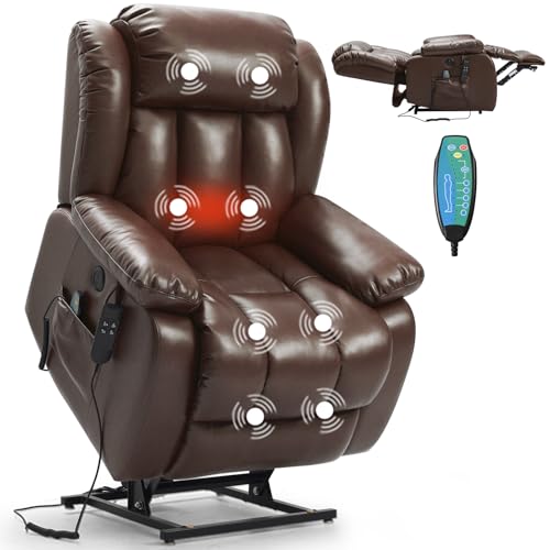 Elderly Dual Motor Power Lift 180° Lay Flat Leather Recliner Chair Brown | USB-C Charging Port, Massage & Lumbar Heat, Side Pocket, Remote, Easy Assembly