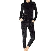 Codiak Women Velvet Sweatsuits Sets 2 Piece Outfit Solid Long Sleeve Crew Neck Pullover and Skinny Long Pants Tracksuit Outfit for Fall Winter