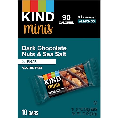 KIND MINI SNACK BARS, DARK CHOCOLATE NUTS & SEA SALT, GLUTEN FREE, LOW SUGAR, LOW CALORIE SNACKS, 10 COUNT