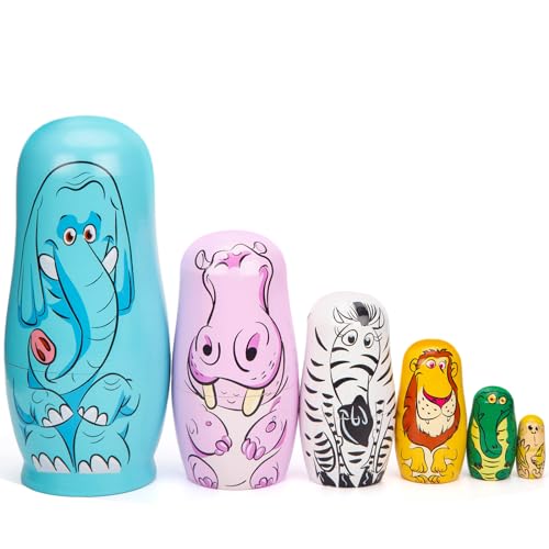 POPLAY 6PCS Russian Nesting Dolls, Matryoshka Doll Stacking Dolls Wooden Animal Nesting Dolls Handmade Toys for Kids Birthday Home Decor