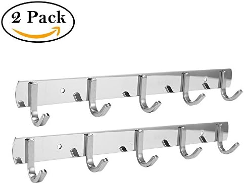 2 Packs,Efaithtek Wall Mounted Coat Hook Rail 14.3-Inch SUS304 Stainless Steel Coat Bath Towel Hook Hanger with 5 Hooks，Mirror finish