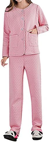Hibukk Women Rhombic Stitch Buttoned Full Sleeve Thick Cotton Nursing Pajamas, Pink M,Manufacturer(XL)