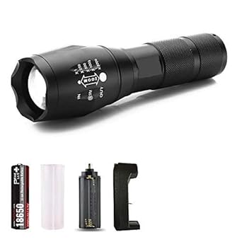 EZ Life Rechargeable Professional LED Flashlight 5 Mode Zoomable and 3 Modes of Flashing Torch Light - with 3 AAA Size Battery (Black)