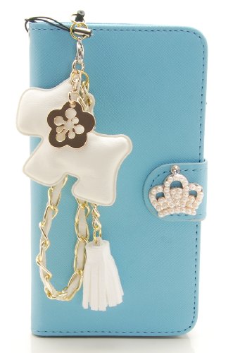 ZZYBIA® S5 TCD Light Blue Leatherette Stand Case Card Holder Wallet with a White Dog Fringed Dust Plug Charm for Samsung Galaxy S5 I9600