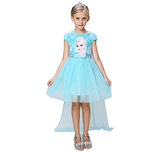 e-super Snow Queen Elsa Princess Girls' Short Sleeve Lace Tulle Flower Party Dress Costume Mesh Skirt Smock Growing up (140cm (5-6 Years Old), Blue)