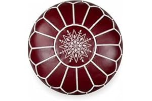 Moroccan Round Ottoman Leather Pouf (Red)