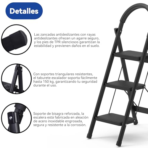 MOONPAI Escalera Plegable para Casa,Escalera de Tijera,Diseño de Cierre de Seguridad,Escalera Plegable de Peldaños,Patas y Pasamanos Antideslizantes,para Interior Y Exterior(Escalera 3 Peldaños)