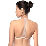 Tripetals Women's Wireless Adjustable Front Closure Unpadded Lace T Back Racerback Bra, Beige, X-Large