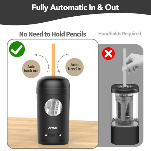 AFMAT Electric Pencil Sharpener, Fully Automatic Pencil Sharpener for 7-8mm Pencils & Colored Pencils, Auto in & Out, Rechargeable Vertical Hands-Free Sharpeners for Classroom/Home/Office PSX7(Black)