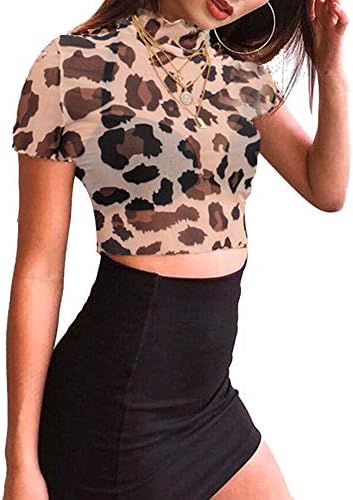 Women's Sheer See Through Crop Top Long Sleeve Angel Print High Neck Sexy Mesh Shirt Blouse