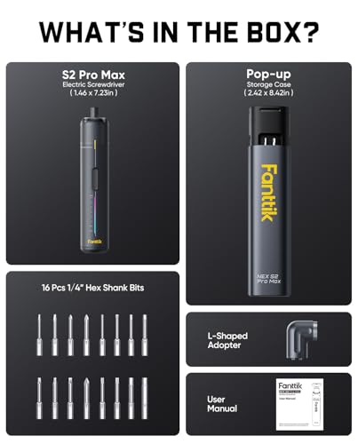 Fanttik S2 Pro Max Electric Screwdriver, Cordless Screwdriver Set, 7 Torque Settings, 0.5 to 6N.m, 16 Magnetic Bits, 1/4''Hex Shank, with Separate 90° Angle Adapter for Tight Space and Household DIY