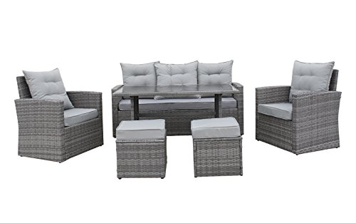 Modern 6-Piece Outdoor Furniture Dining Set, Patio Rattan Table and Chairs (Grey/Grey)