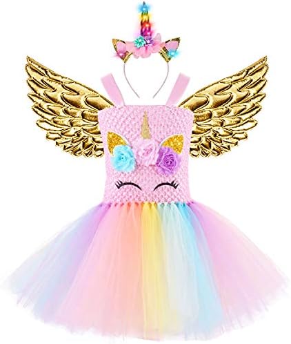 3PCS Baby Girls Unicorn Dress with Wings LED Headband Princess Halloween Birthday Party Costume School Tutu Dress(1-12Y