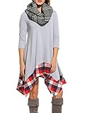 ACEVOG Women Irregular Hem Long Sleeve Plaid Loose Shirt Dress Top Gray XXL