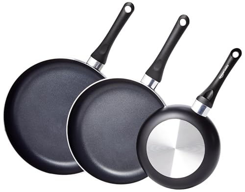 Amazon Basics 3-teiliges Keramik-Antihaft-Pfannen-Set, 20,3cm, 25,4cm und 30,5cm, Spiralboden, Weiche Griffe, für Gas-, Elektro- und Glasherde, Schwar
