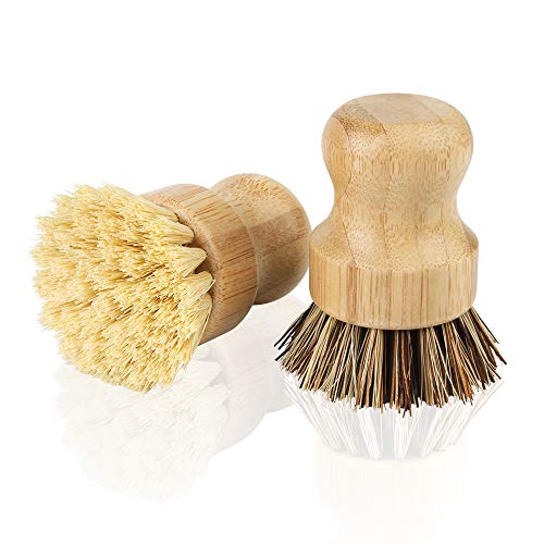 2 Pack Natural Dish Scrub, Amytalk Bamboo Round Natural Scrub Brush for Dishes Cast Iron Pots Pans Bathroom Kitchen Sink Household Cleaning