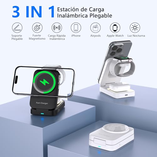 Cargador Inalámbrico,3 en 1 Estación de Carga para iPhone 17 16 15 14 13 12 Pro Max Apple Watch y AirPods,15W Cargador Rápido para iPhone,Luz,33W Adaptador,Regalos para Hombre Mujer (Negro-1)