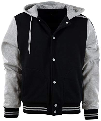 ChoiceApparel Mens Baseball Varsity Jacket with Detachable Hoodie (S, 611-Black/Grey)
