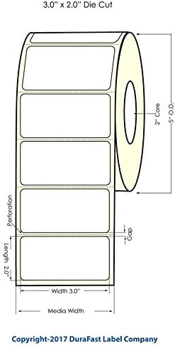 DuraFast 3" x 2" White Inkjet High Gloss Paper Label Roll for Primera LX400, LX500, LX500C Color Label Printers, 900 Labels/Roll on a 2" Core - 5" OD