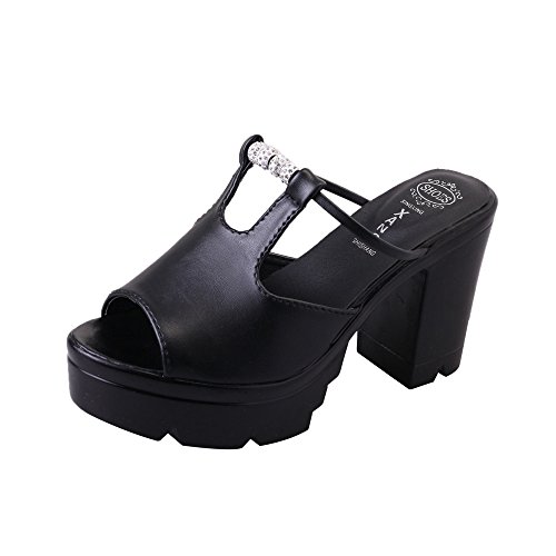 AMA(TM) Women Summer Fish Mouth Open Toe High Heels Wedge Sandals Platform Shoes (Black, US:6)