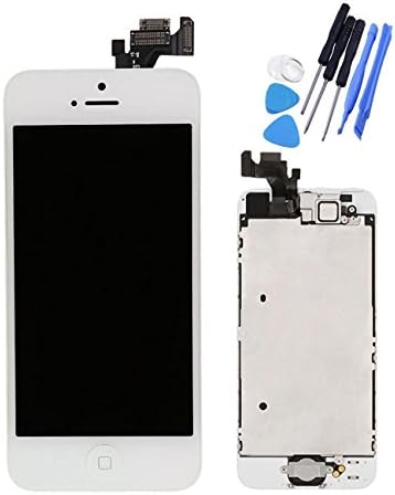 Huashe LCD Touch Screen Replacement for iPhone 5 Full Set Digitizer with Home Button,Bracket,Flex,Sensor,Front Camera,Frame Housing Assembly Display (White)