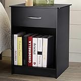 INTEY Nightstand with Drawer and Open Storage Shelf, Side End Table for Bedroom Living Room, Black
