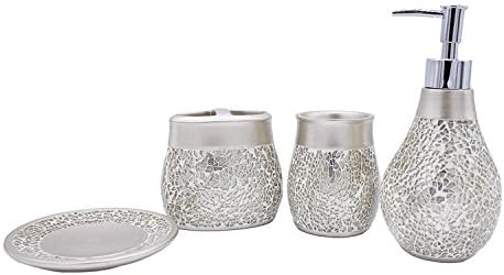 Bathpro 4-PIECE Mosaic Bathroom Accessories Completes with Lotion/Soap Dispenser,Bath Cup/Tumbler,Soap Dish,Toothbrush Holder Match for Marble or Glass Modern Bath Style(Golden)