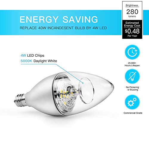 HENLIX E12 Candelabra LED Light Bulbs, 4W(40W Equivalent), 4000K Daylight White B11 LED Candelabra Base, Non-Dimmable, 12 Pack