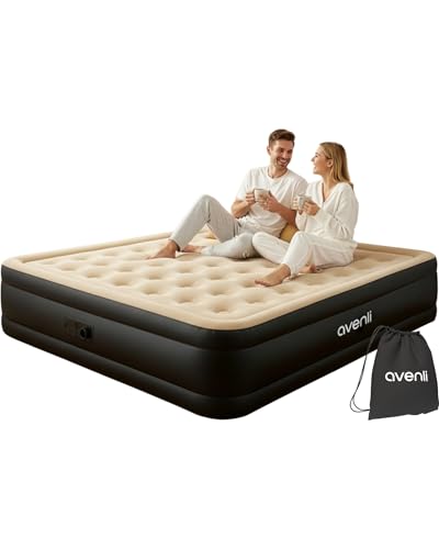 AVENLI Matelas Gonflable 2 Personnes 203x157x47 cm, Lit Gonflable Autogonflant Double avec Pompe Électrique Intégrée, Matelas pour Camping & Lit d'Appoint, Coil-Beam, Beige