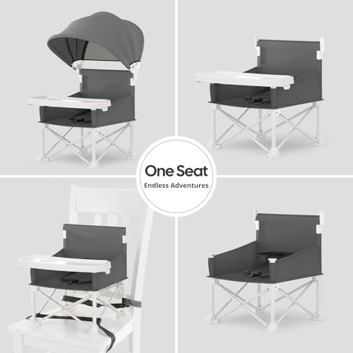 Portable Baby Chair, Foldable Toddler Booster Seat, with Removable Tray, Canopy and Safety Harness, Baby Sit up Chair, Portable Seat for Kitchen Chair (Gray)