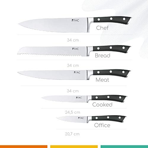 Fac Set de 5 Couteaux Professionnels avec Lame en Acier Inoxydable et Carbone : Chef, Pain, Viande, Office et Cuisine | Kit Chef avec Support en Bois | Manche Ergonomique | Moderne et élégant