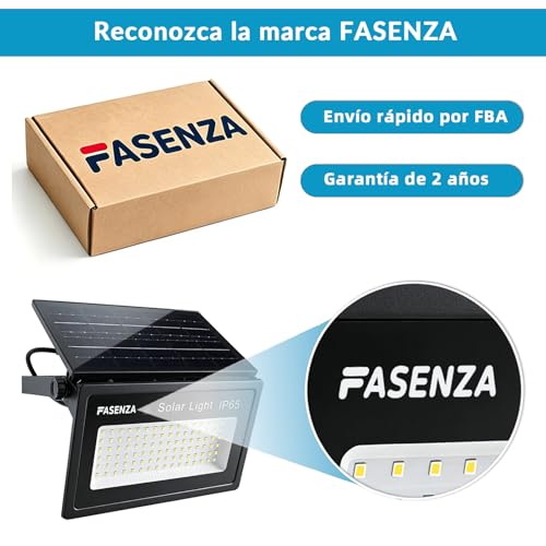 FASENZA Lámpara Solar Exterior: 2000 Lúmenes, 6500K, Batería 4400mAh, Carga 6h Iluminación 12h, 4 Modos de Luz, IP65 Impermeable para Jardín, Patio, Garaje, Granero, 2 Años de Garantía, 2 Paquetes