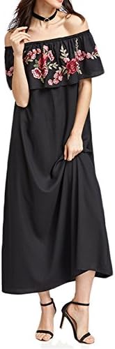 LiyongSIIIT Women Sexy Dresses Ladies Summer Black Rose Patch Ruffle Short Sleeve Off The Shoulder Long Dress