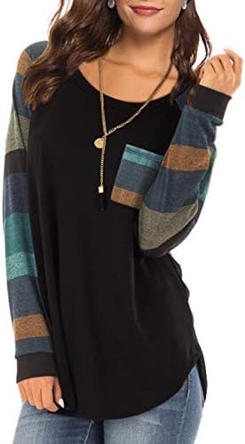 Women's Casual Color Block Long Sleeve Pullover Blouse Round Neck Loose Tunic T Shirt Tops Sweatshirt with Pocket