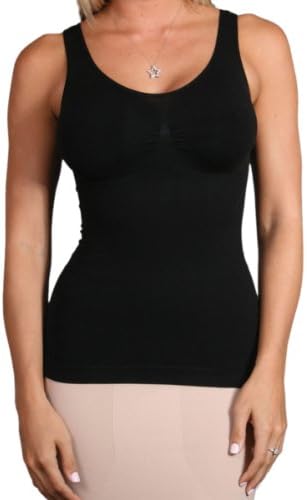 Aha Moment by n-fini Women's Lycra Dbl V-Neck Tank Shapewear Wire Free Built-in Soft Cup Bra Black L/2XL