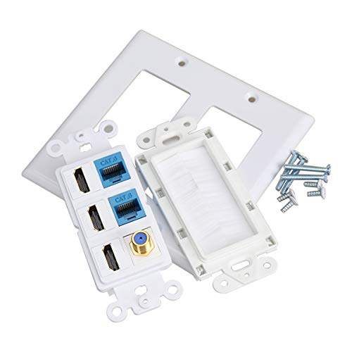 3 HDMI HDTV + 2 CAT6 RJ45 Ethernet + Coaxial Cable TV F Type Keystone Face Plate IQIAN Brush Wall Plate, Wall Socket for HDTV, HDMI, Home Theater Systems …