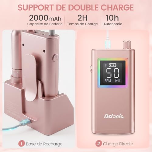 Delanie Ponceuse pour ongles Électrique Professionnel 50000 RPM avec Station de Recharge, Lime à Ongles Sans Fil pour Ongles en Acrylique Épais, 10 Heures d'autonomie, Fonction Pause, Incl. 12 Embouts