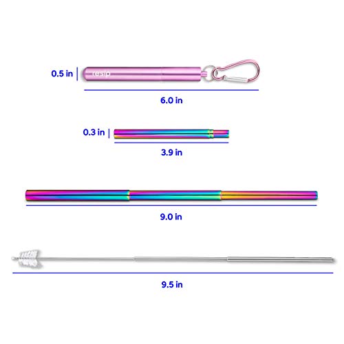 Flyby Portable Reusable Drinking Straws | Collapsible & Foldable Telescopic Stainless Steel Metal Straw Dispenser | Final Aluminum Case, Long Cleaning Brush, Silicone Tip | Pink Rainbow | 4-Pack - Thumbnail 2