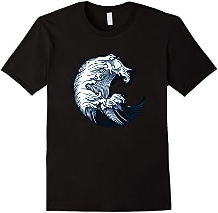 Mens Traditional Japanese Wave Line Work Design T-shirt Medium Black