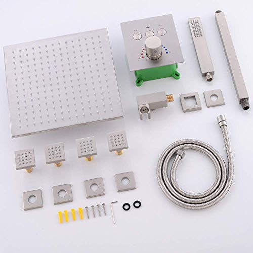 Brushed Nickel 12" Thermostatic LED Rain Shower System with Body Sprays Handheld and Mixer Valve