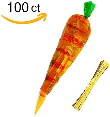 DJDZ 100 Pieces Easter Cellophane Treat Bags , Carrot- Shaped Cone bags for Lollipop Candy Cake Pop Chocolate Cookie Wrapping Buffet (16 by 8 Inch)